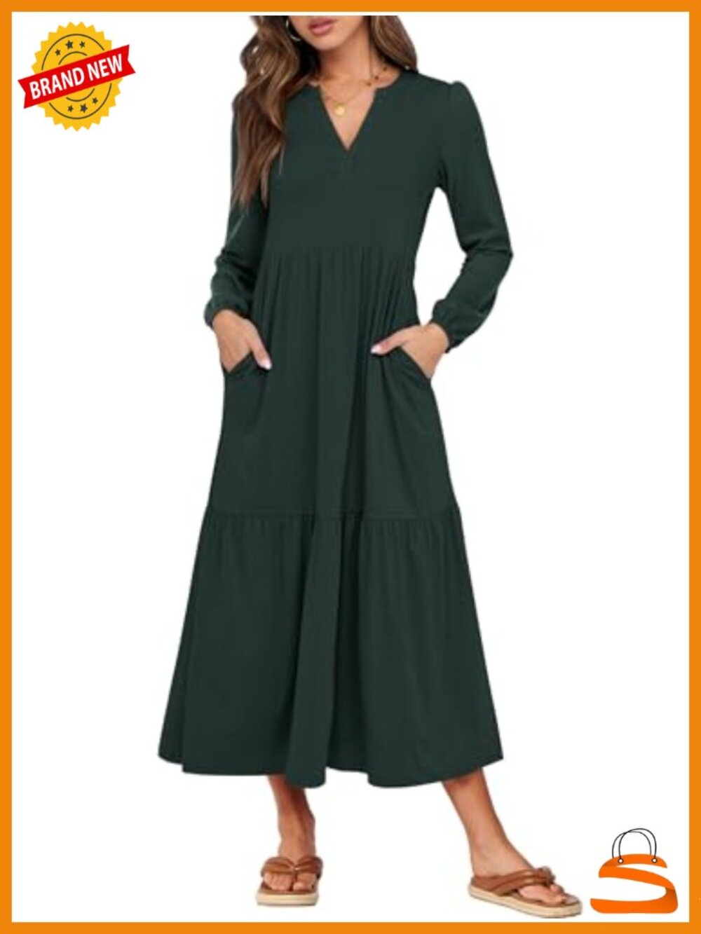 Women's Long Sleeve Tiered Ruffle Maxi Dress Boho V-Neck Pockets Casual